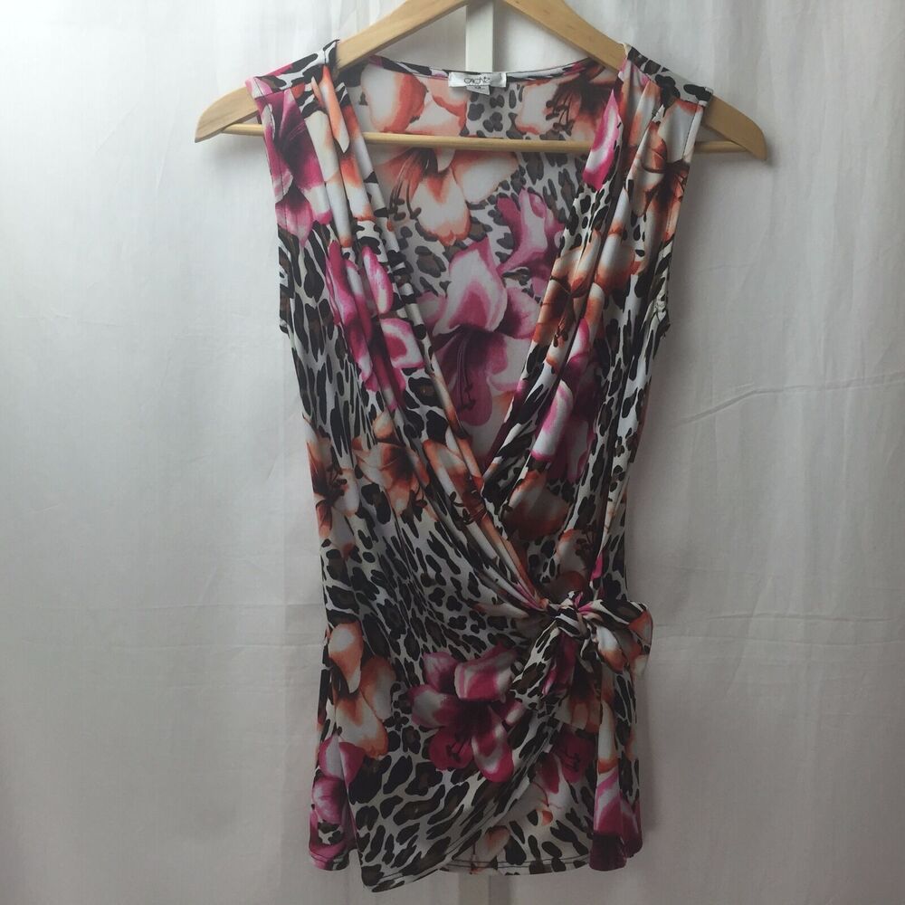 Caché Wrap Mini Dress Sleeveless Cheetah and Floral Pattern SZ XS